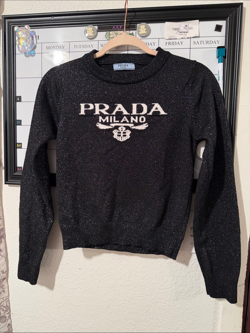 Prada Black Sparkle Logo Crewneck Sweater with White Milano Detail